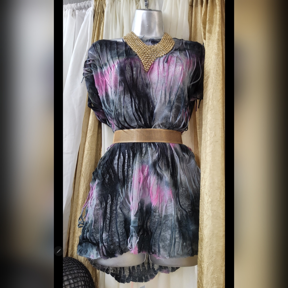 Gold Belt with Pink and Black Patterned Dress